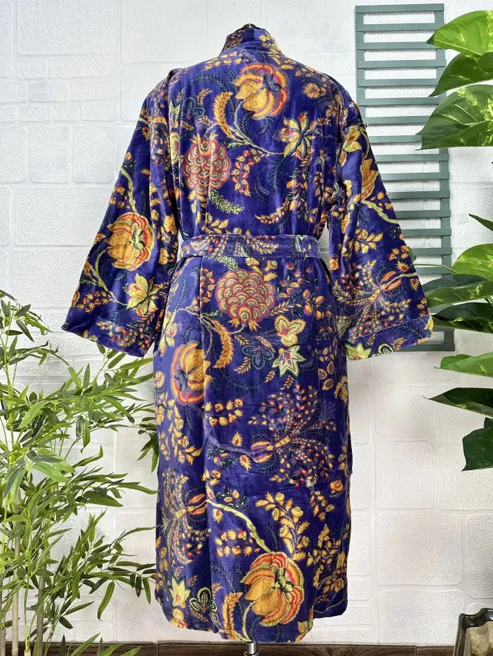 Luxury Velvet House Robe Unisex Kimono Jacket Reversible Silk Lined Autumn Winter Gift Elegant Floral Blue Malibu Bluish Valentine Love
