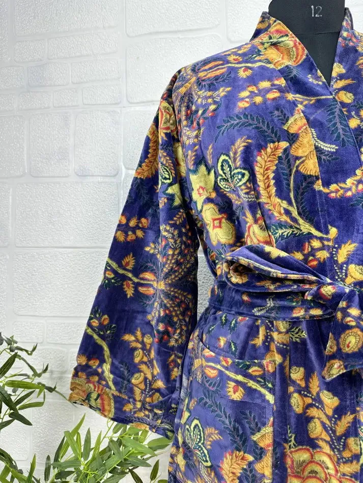 Luxury Velvet House Robe Unisex Kimono Jacket Reversible Silk Lined Autumn Winter Gift Elegant Floral Blue Malibu Bluish Valentine Love