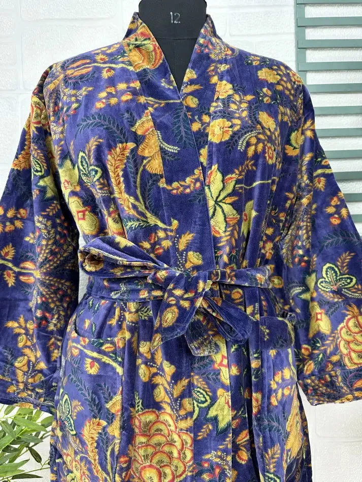 Luxury Velvet House Robe Unisex Kimono Jacket Reversible Silk Lined Autumn Winter Gift Elegant Floral Blue Malibu Bluish Valentine Love
