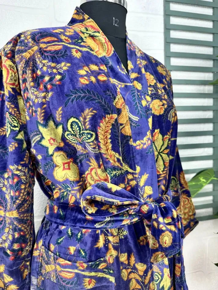 Luxury Velvet House Robe Unisex Kimono Jacket Reversible Silk Lined Autumn Winter Gift Elegant Floral Blue Malibu Bluish Valentine Love