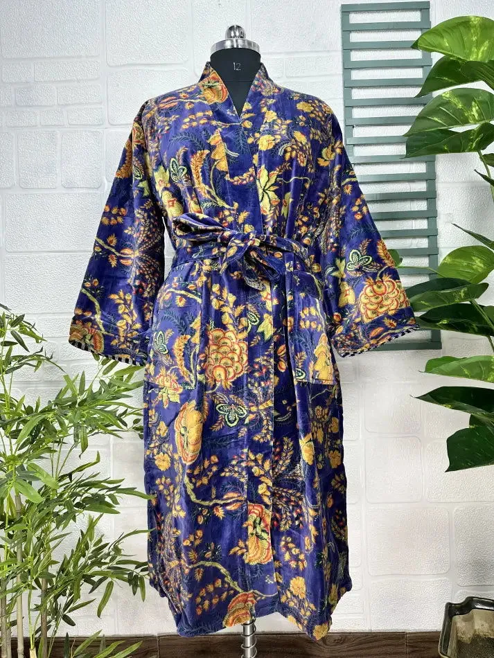 Luxury Velvet House Robe Unisex Kimono Jacket Reversible Silk Lined Autumn Winter Gift Elegant Floral Blue Malibu Bluish Valentine Love