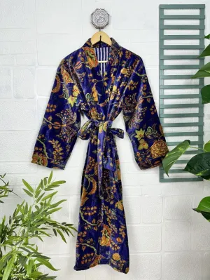 Luxury Velvet House Robe Unisex Kimono Jacket Reversible Silk Lined Autumn Winter Gift Elegant Floral Blue Malibu Bluish Valentine Love