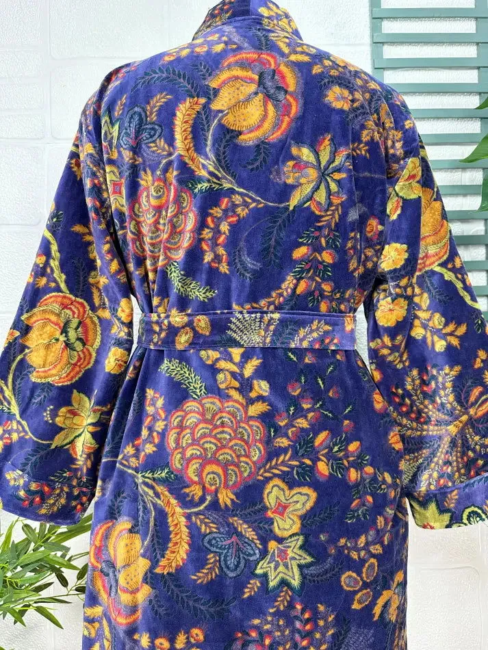 Luxury Velvet House Robe Unisex Kimono Jacket Reversible Silk Lined Autumn Winter Gift Elegant Floral Blue Malibu Bluish Valentine Love