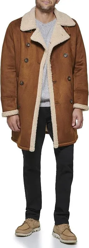 Men's Tan Brown Suede Shearling Leather Coat