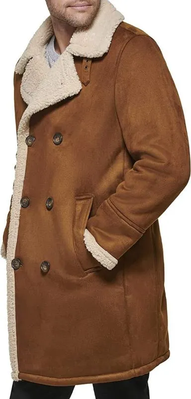 Men's Tan Brown Suede Shearling Leather Coat