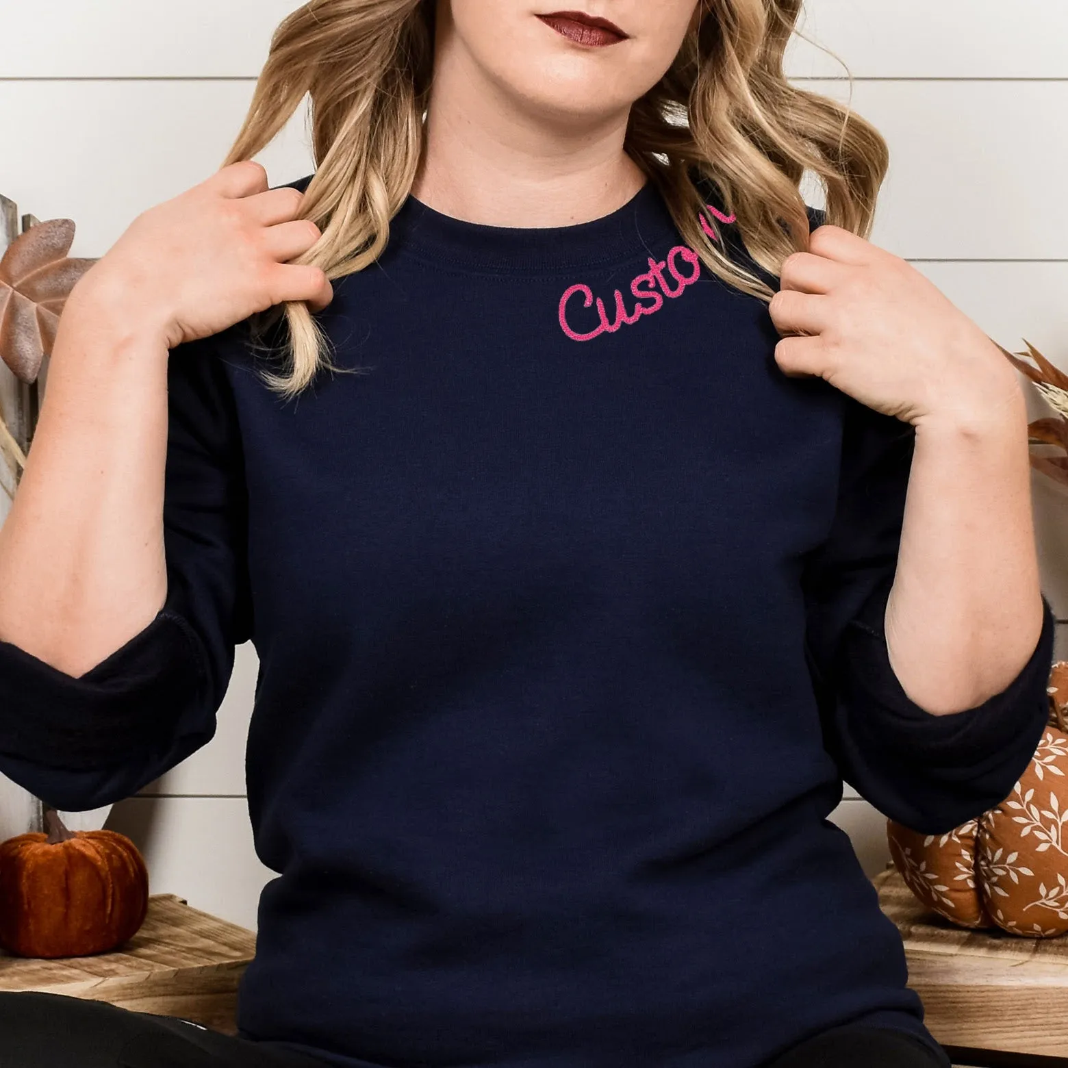 Navy Blue Custom Embroidered Crewneck Sweatshirt - Personalized Chain Stitch
