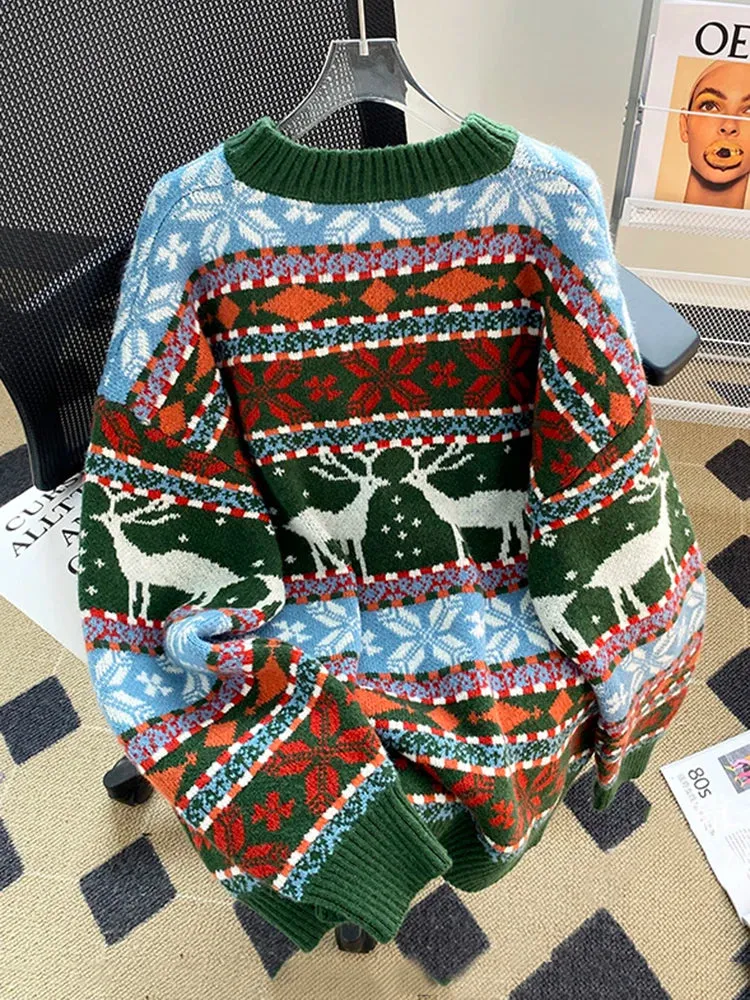New Year's Clothes Women Christmas Deer Sweater Warm Thick Casual Oversized Jumper O Neck Knitwear Xmas Look C-196