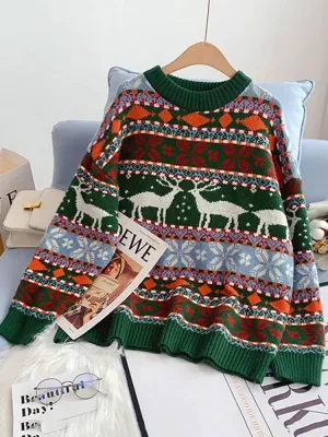 New Year's Clothes Women Christmas Deer Sweater Warm Thick Casual Oversized Jumper O Neck Knitwear Xmas Look C-196