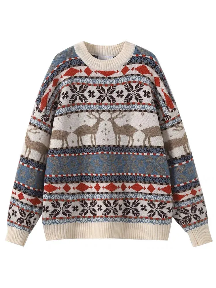 New Year's Clothes Women Christmas Deer Sweater Warm Thick Casual Oversized Jumper O Neck Knitwear Xmas Look C-196