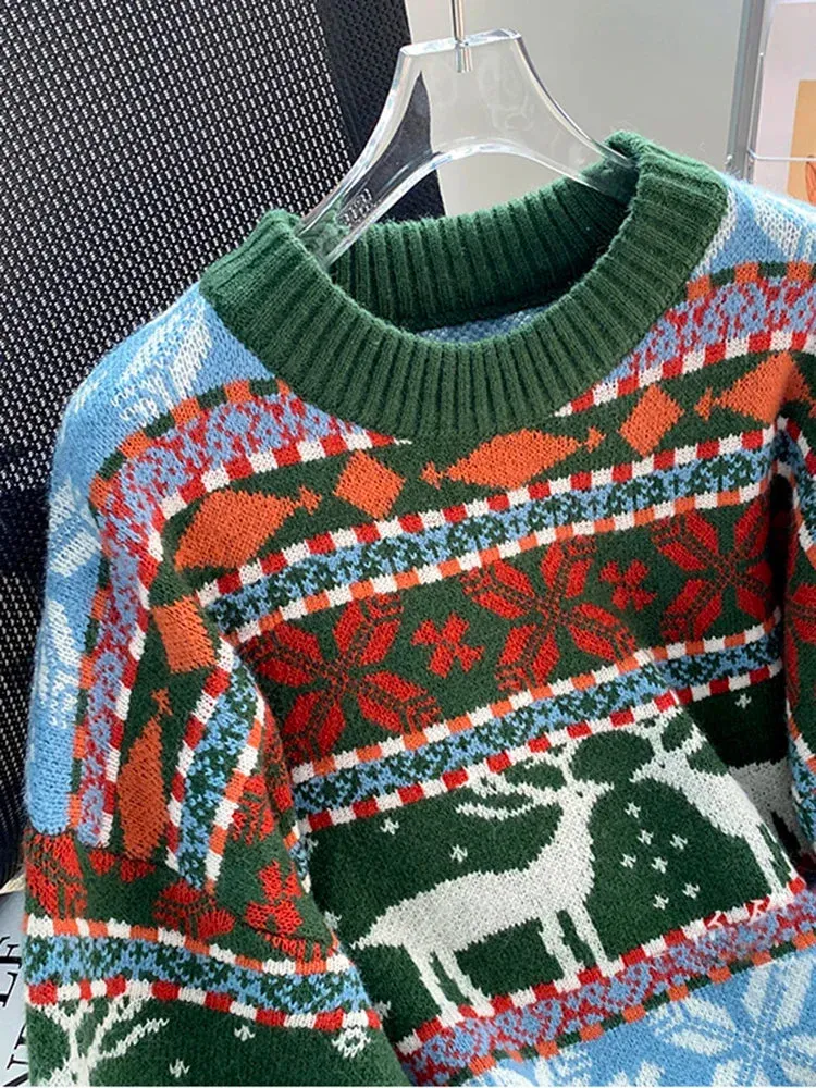 New Year's Clothes Women Christmas Deer Sweater Warm Thick Casual Oversized Jumper O Neck Knitwear Xmas Look C-196