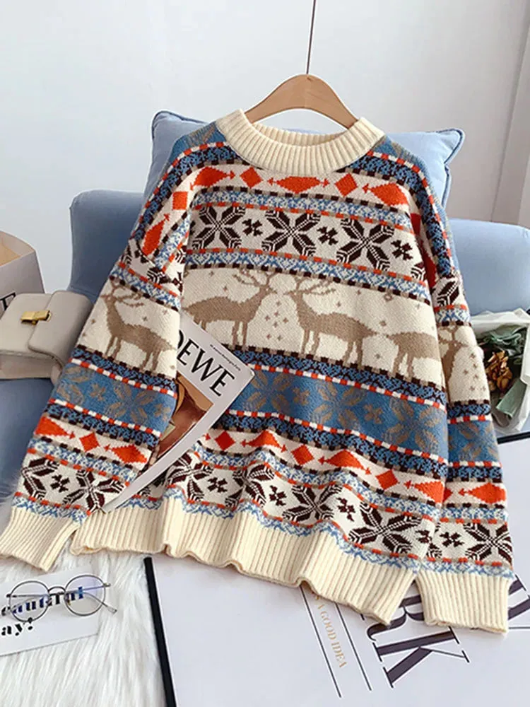 New Year's Clothes Women Ugly Christmas Deer Sweater Warm Thick Casual Oversized Jumper O Neck Knitwear Xmas Look C-196