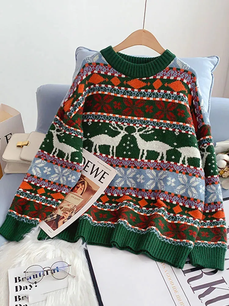 New Year's Clothes Women Ugly Christmas Deer Sweater Warm Thick Casual Oversized Jumper O Neck Knitwear Xmas Look C-196