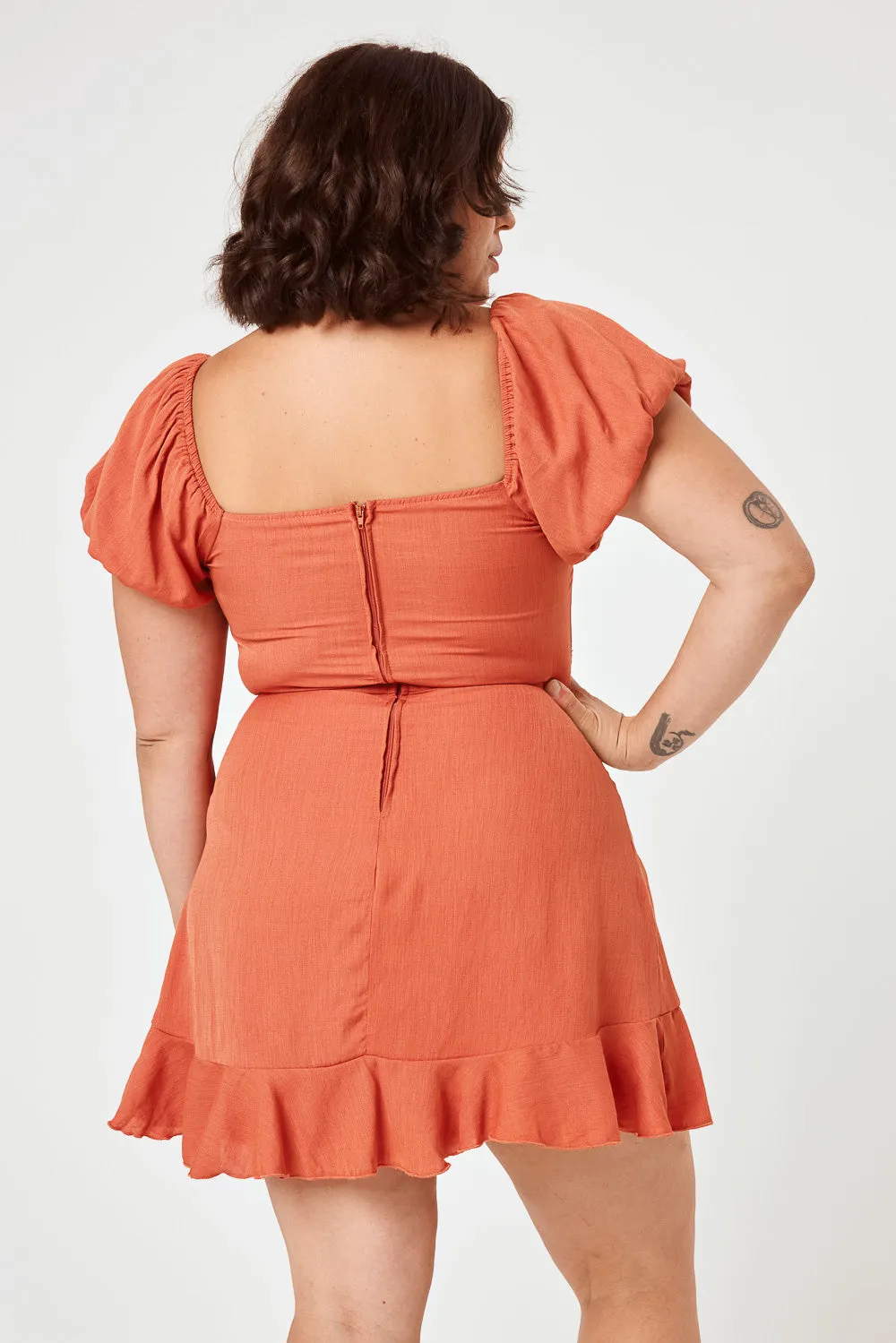 Orange Puff Sleeve Wrap Dress