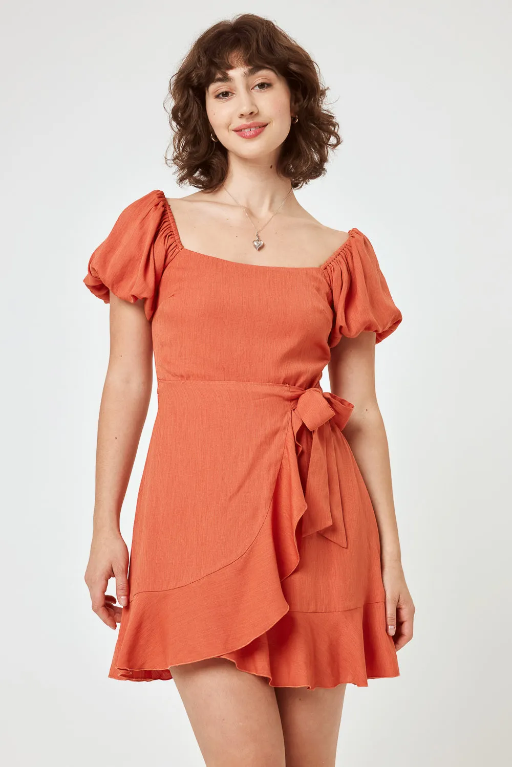 Orange Puff Sleeve Wrap Dress