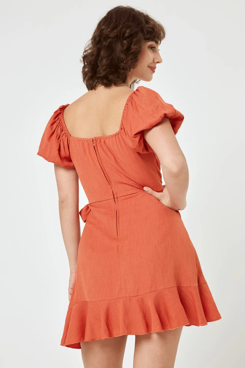 Orange Puff Sleeve Wrap Dress