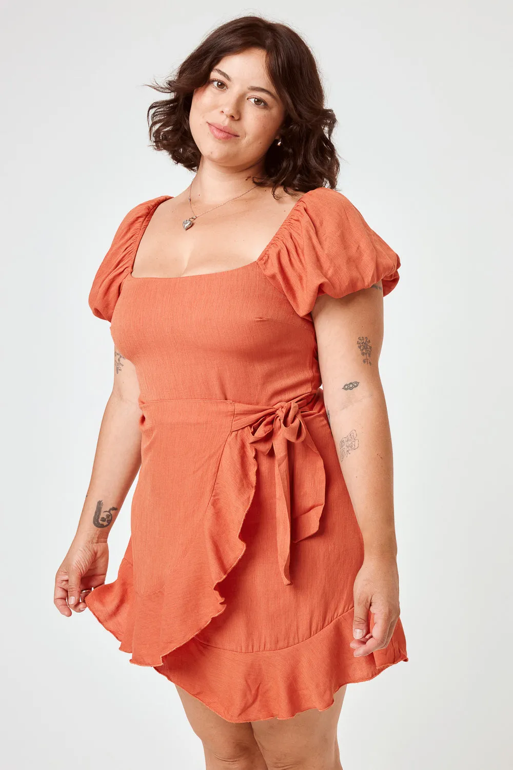 Orange Puff Sleeve Wrap Dress