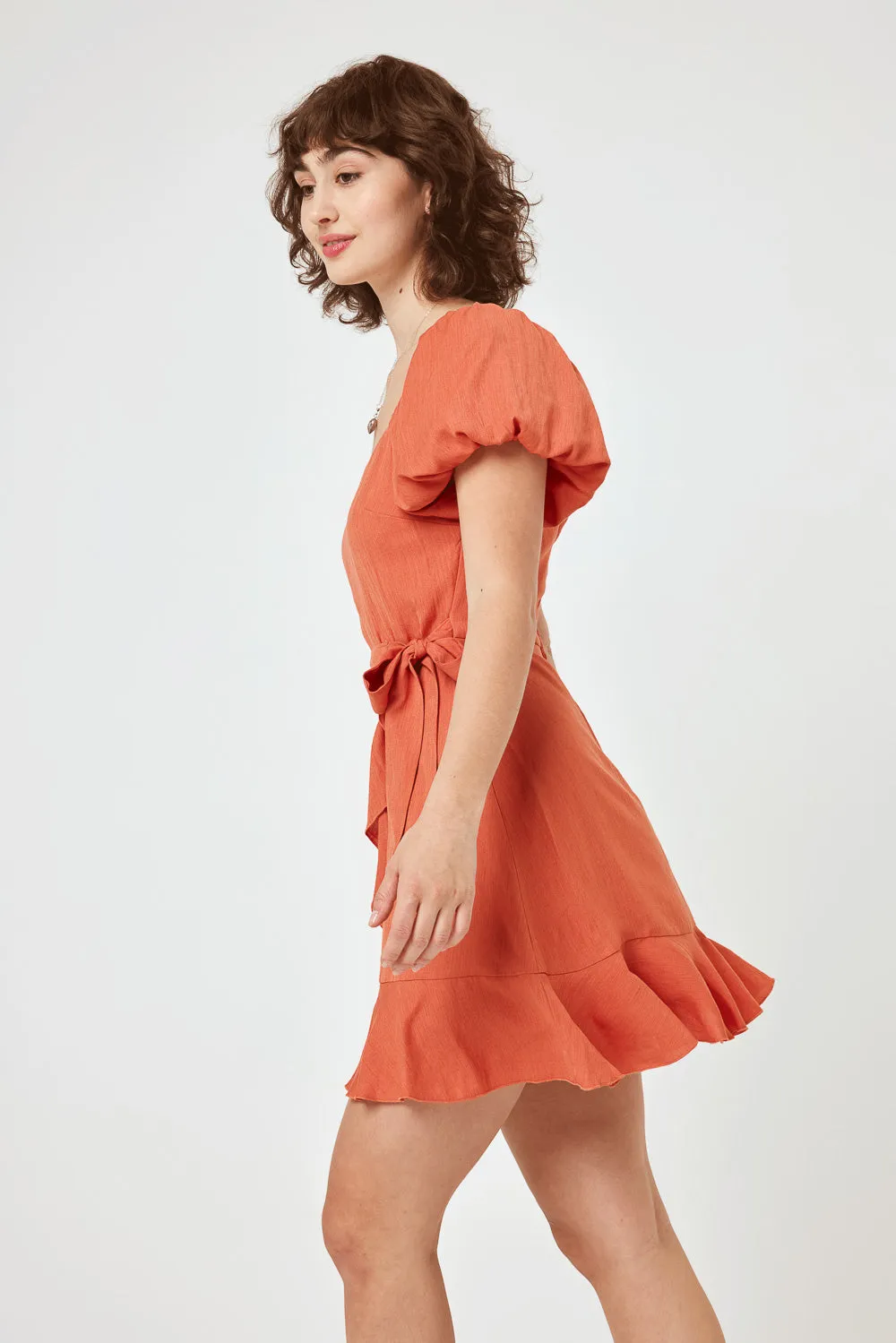 Orange Puff Sleeve Wrap Dress