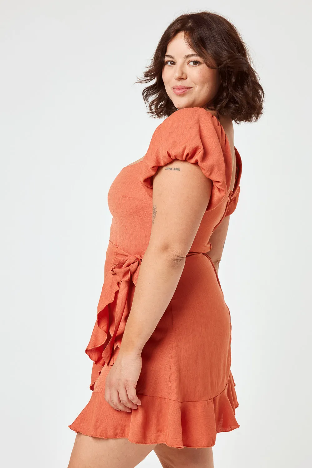 Orange Puff Sleeve Wrap Dress
