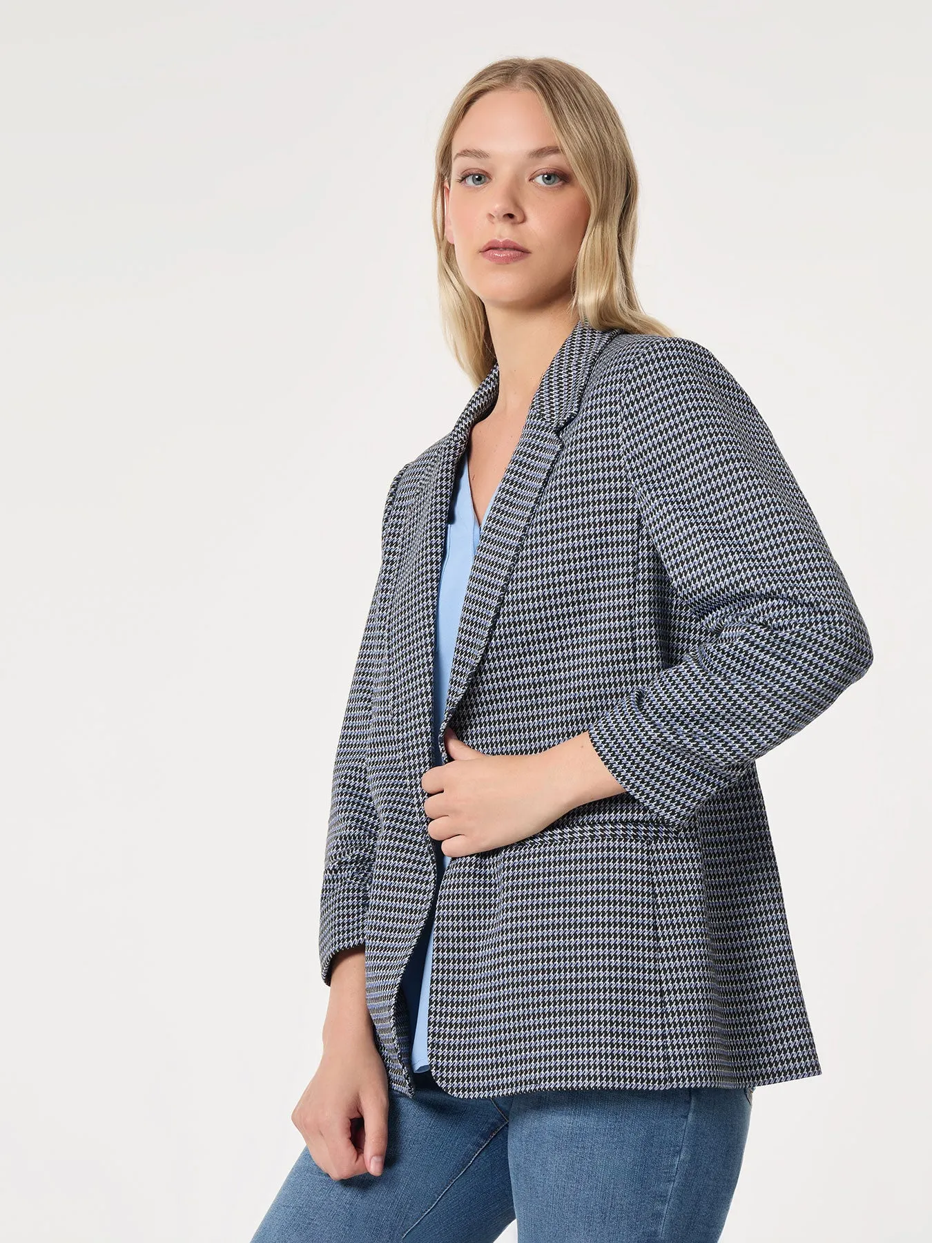 Petite Notch Collar Open Front Houndstooth Jacket