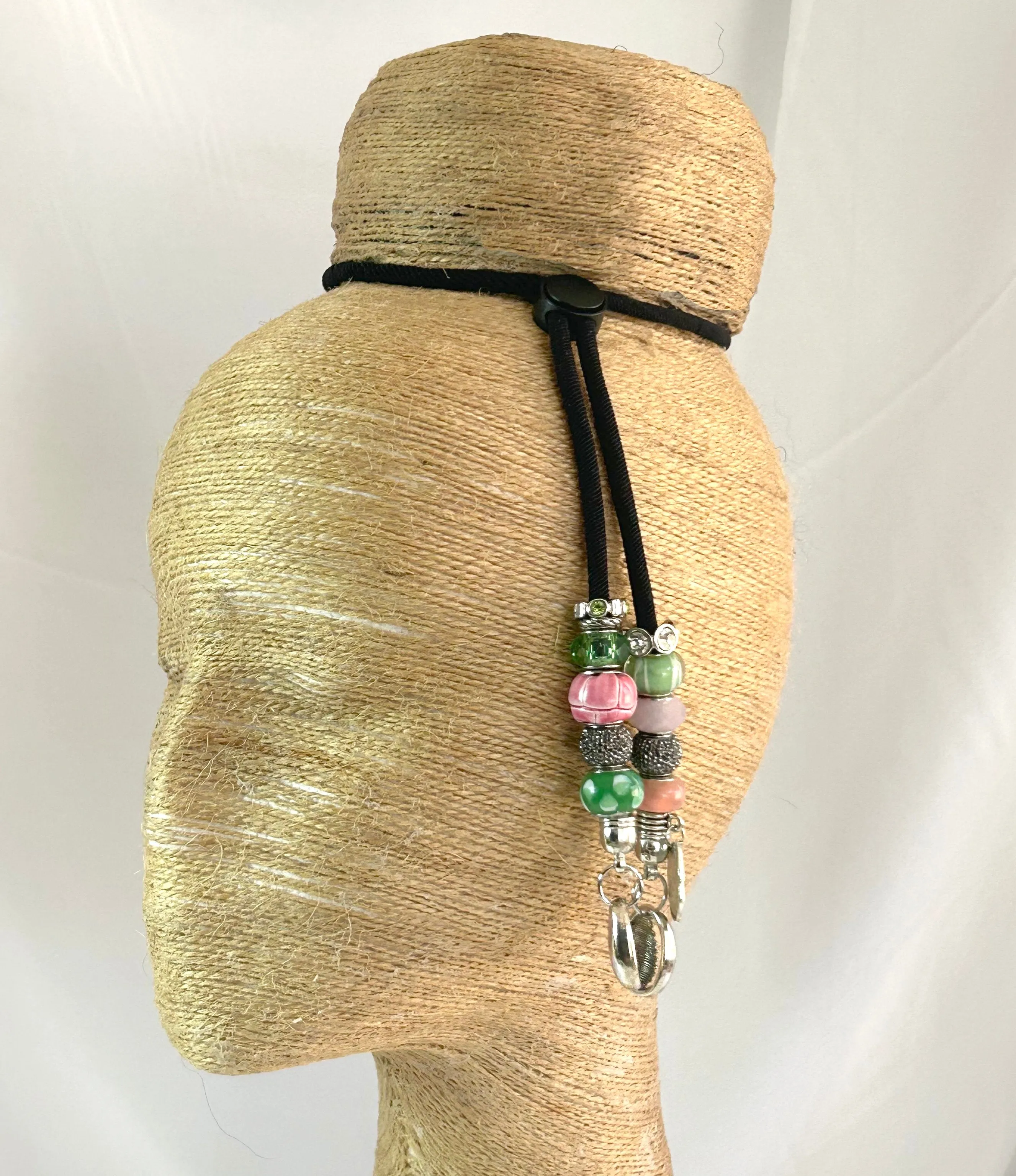 Pink & Green Silver Cowrie Sliding Hair Tie - Adjustable Ponytail Holder