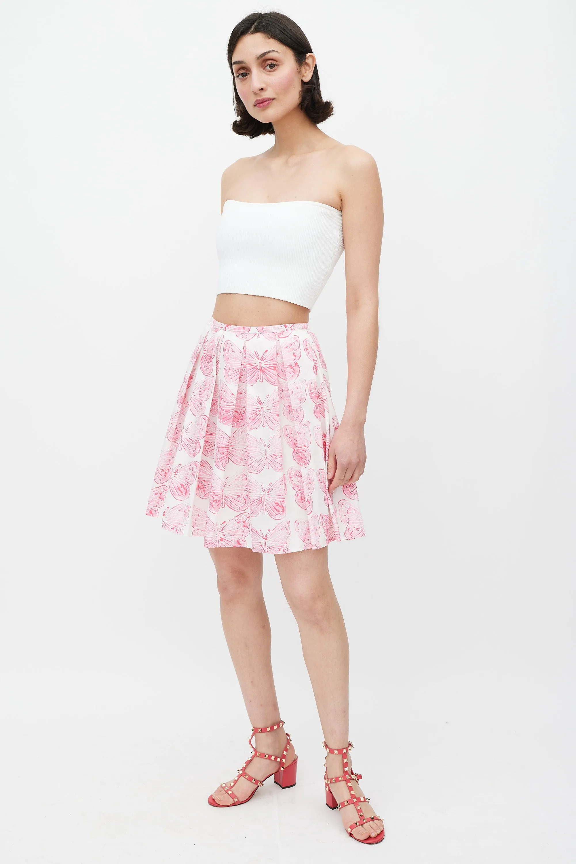 Pink & White Cotton Printed Pleated Skirt