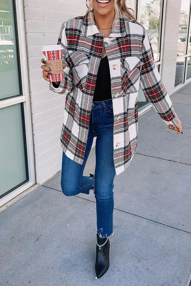 Plaid Button Pockets Long Sleeve Shacket