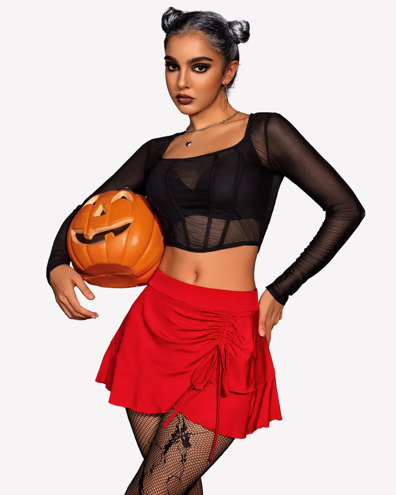 Pleated Drawstring Wrap Ruffle Mini Skirt