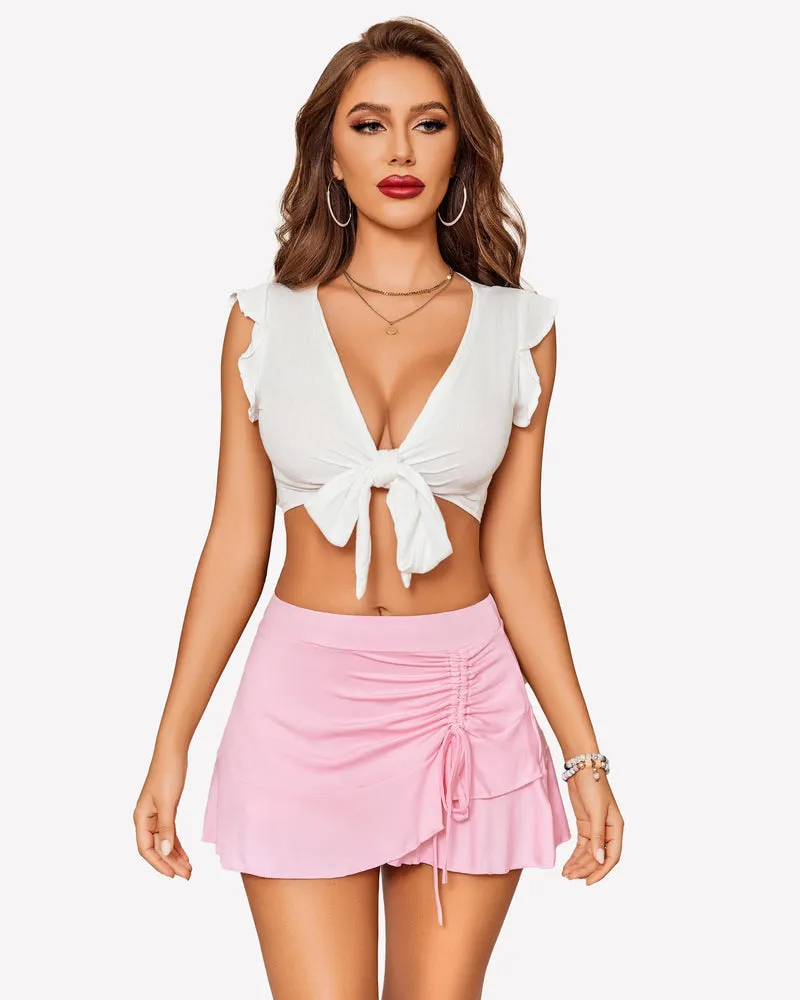 Pleated Drawstring Wrap Ruffle Mini Skirt