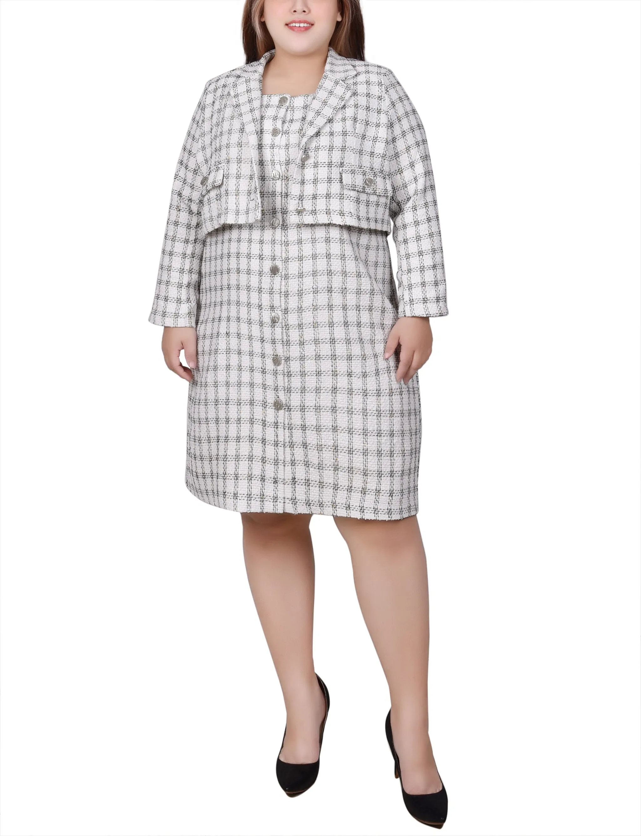 Plus Size Long Sleeve Tweed Dress Set
