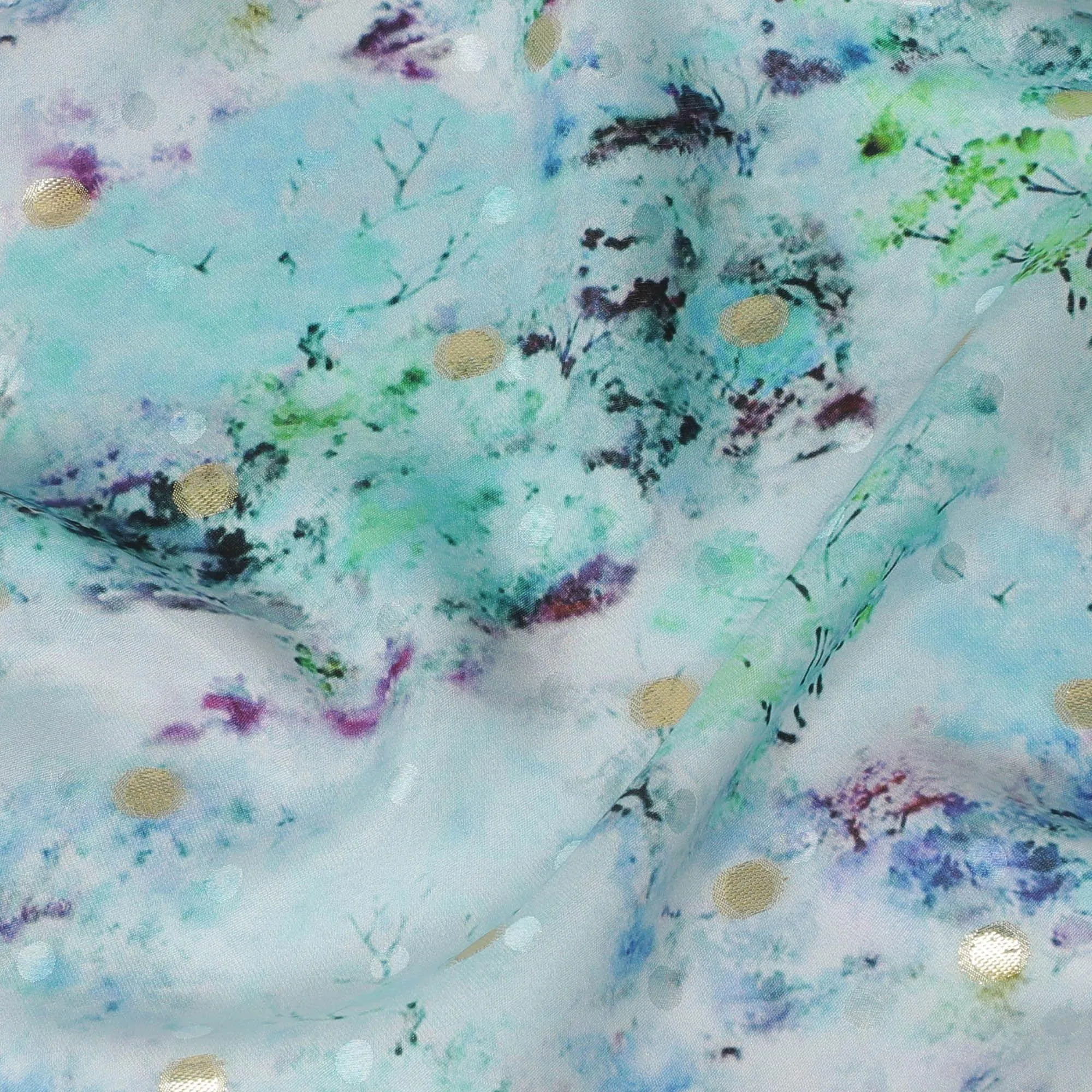 Powder blue Premium pure silk crepe fabric with multicolor print having gold metallic lurex dots in floral design-D15726