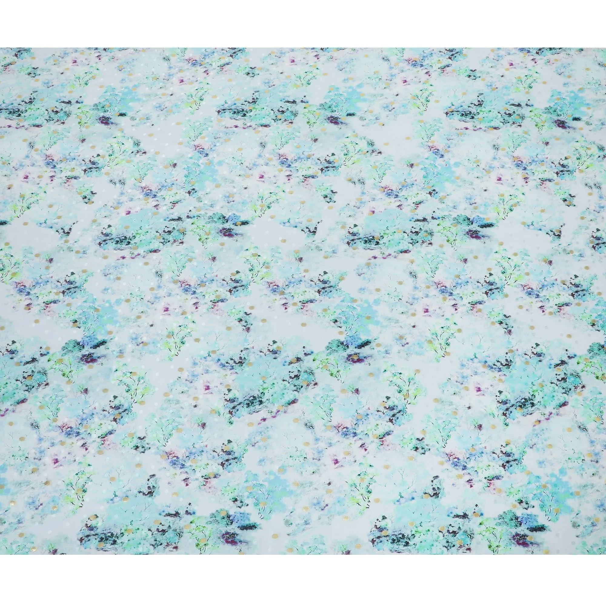 Powder blue Premium pure silk crepe fabric with multicolor print having gold metallic lurex dots in floral design-D15726