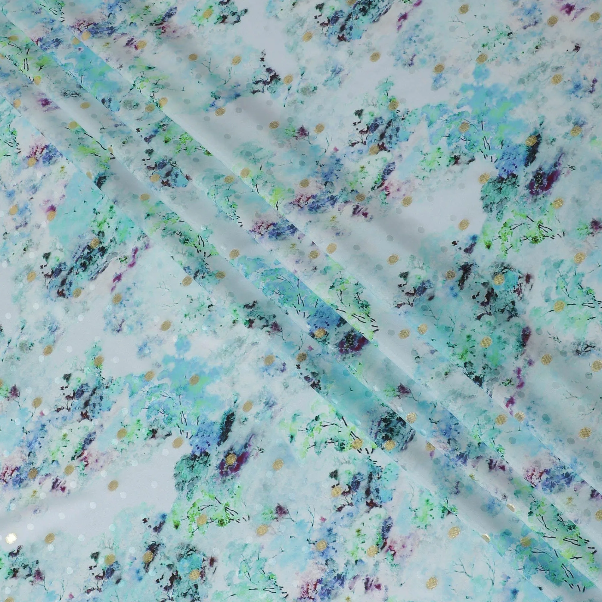 Powder blue Premium pure silk crepe fabric with multicolor print having gold metallic lurex dots in floral design-D15726