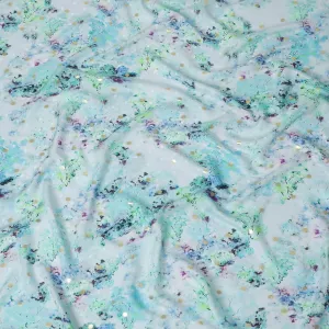 Powder blue Premium pure silk crepe fabric with multicolor print having gold metallic lurex dots in floral design-D15726