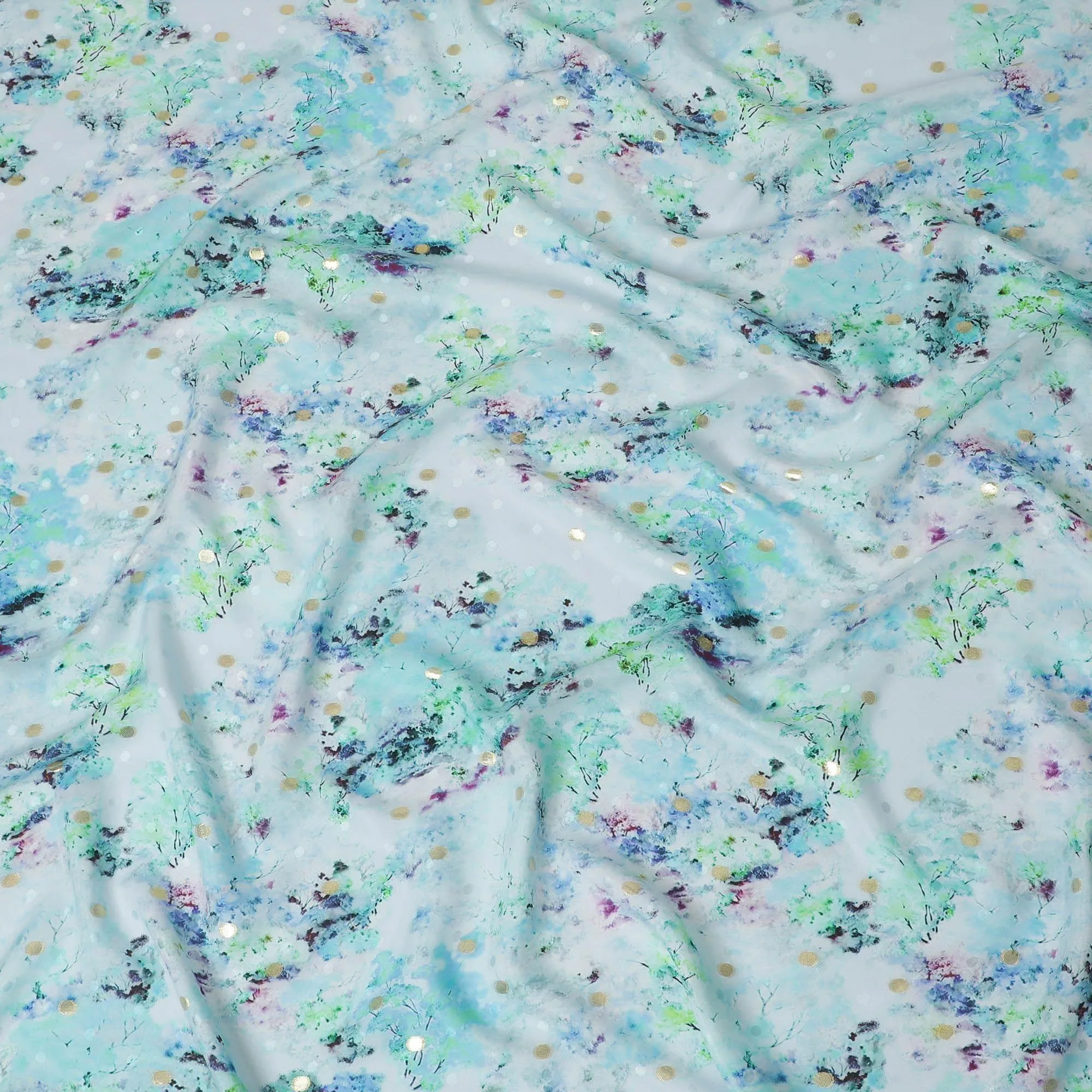 Powder blue Premium pure silk crepe fabric with multicolor print having gold metallic lurex dots in floral design-D15726