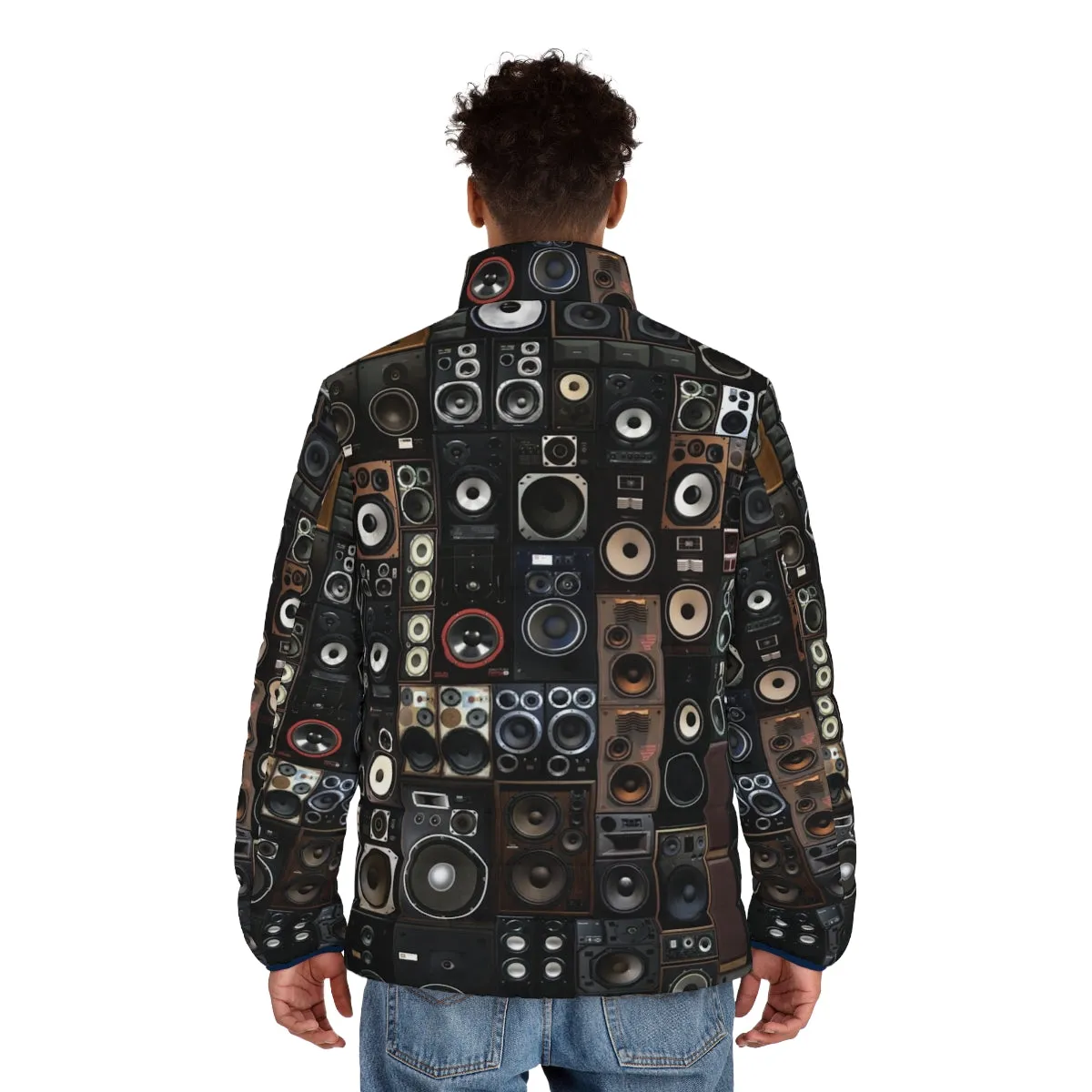 "Vintage Speaker Puffer Jacket: Geometric Audio Fashion"