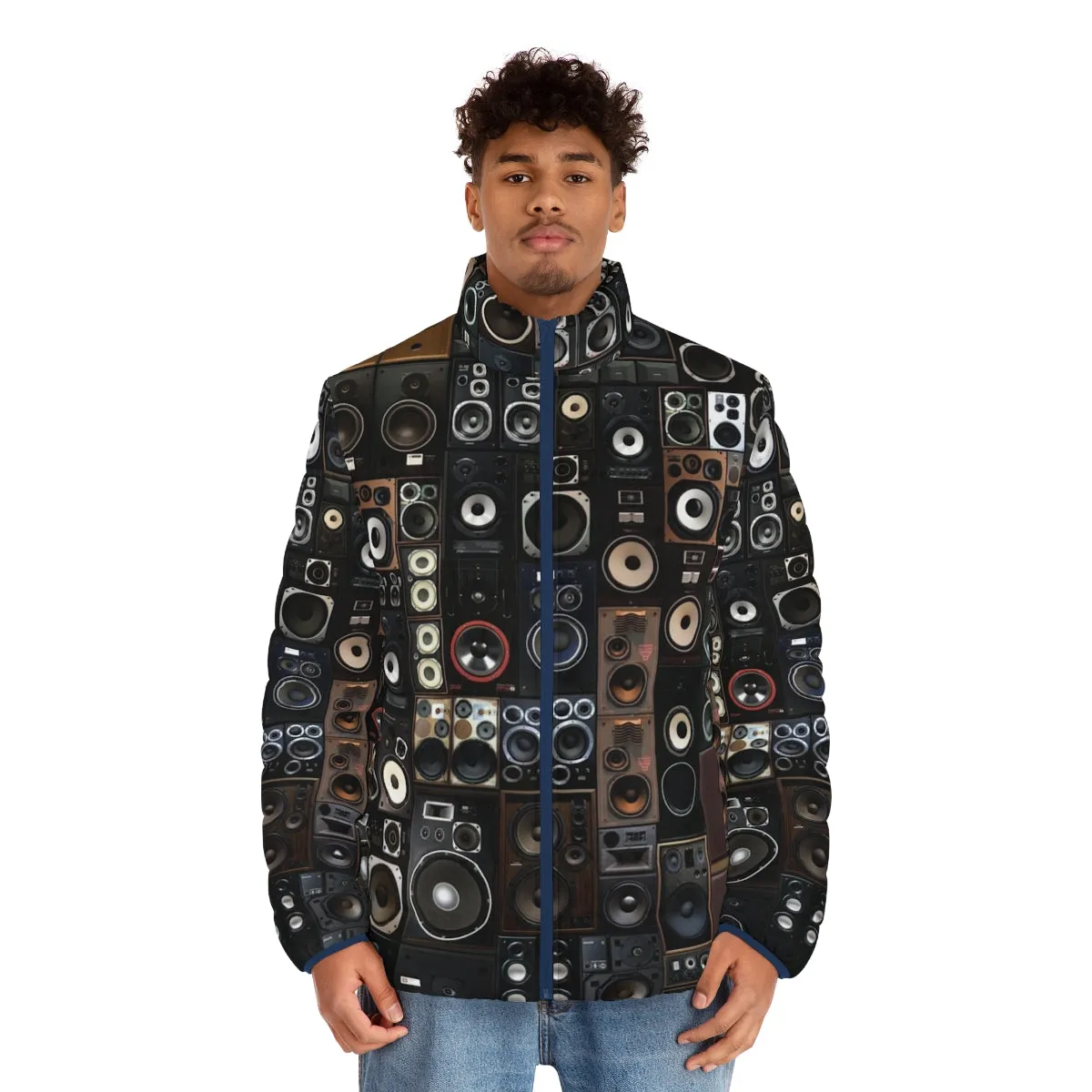 "Vintage Speaker Puffer Jacket: Geometric Audio Fashion"