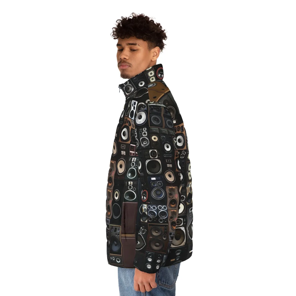 "Vintage Speaker Puffer Jacket: Geometric Audio Fashion"