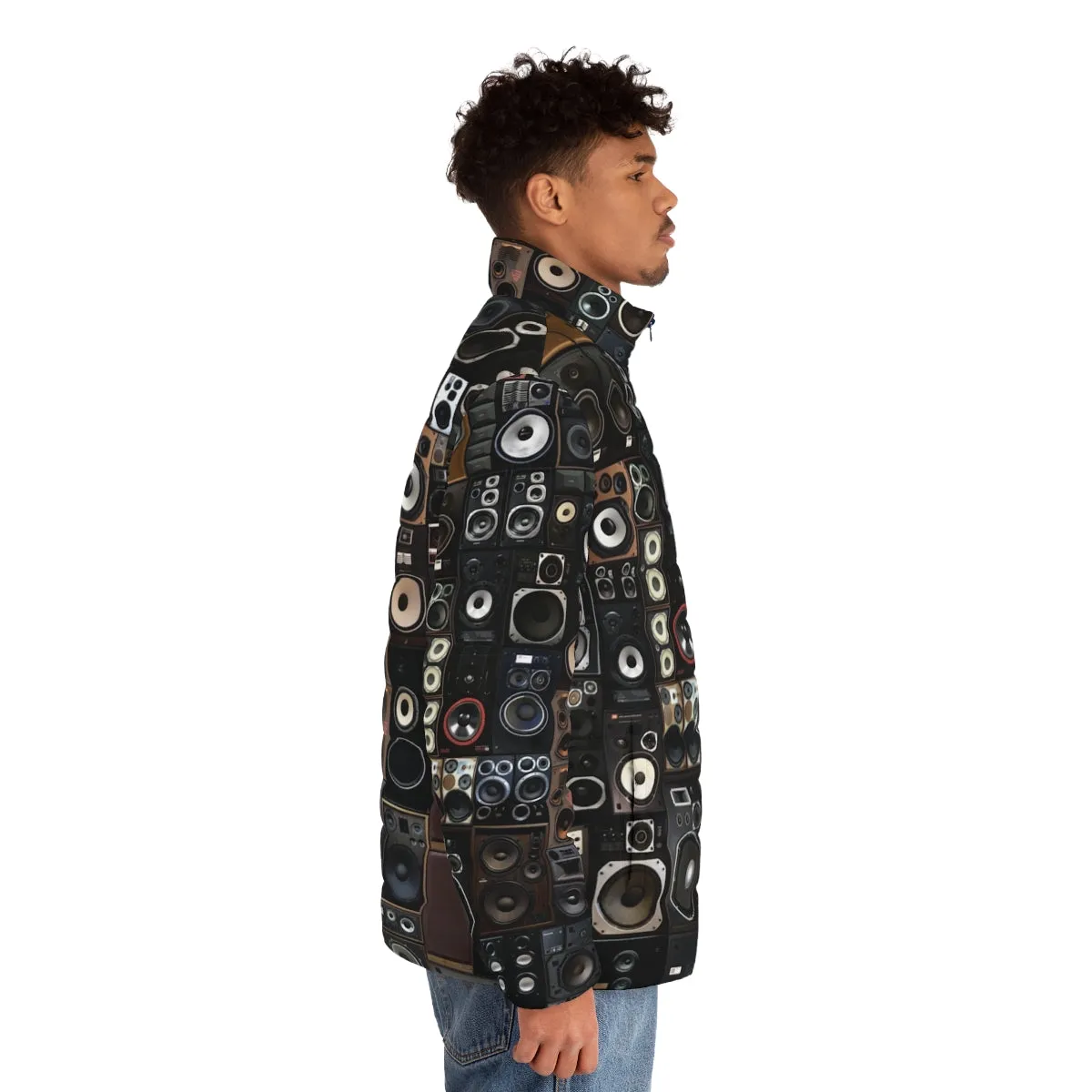 "Vintage Speaker Puffer Jacket: Geometric Audio Fashion"