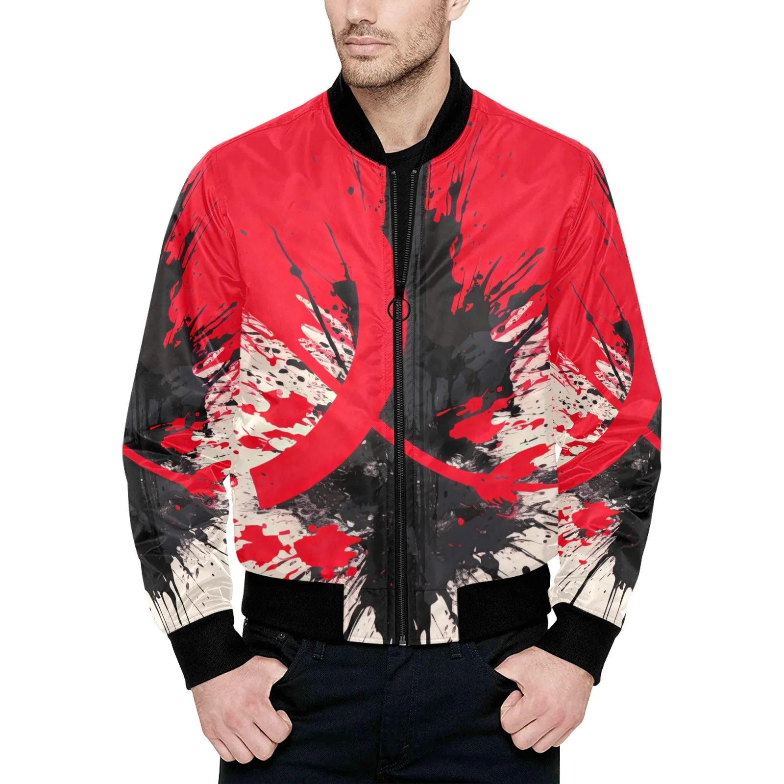 Red & Black Abstract Paint Splashes Quilted Bomber Jacket