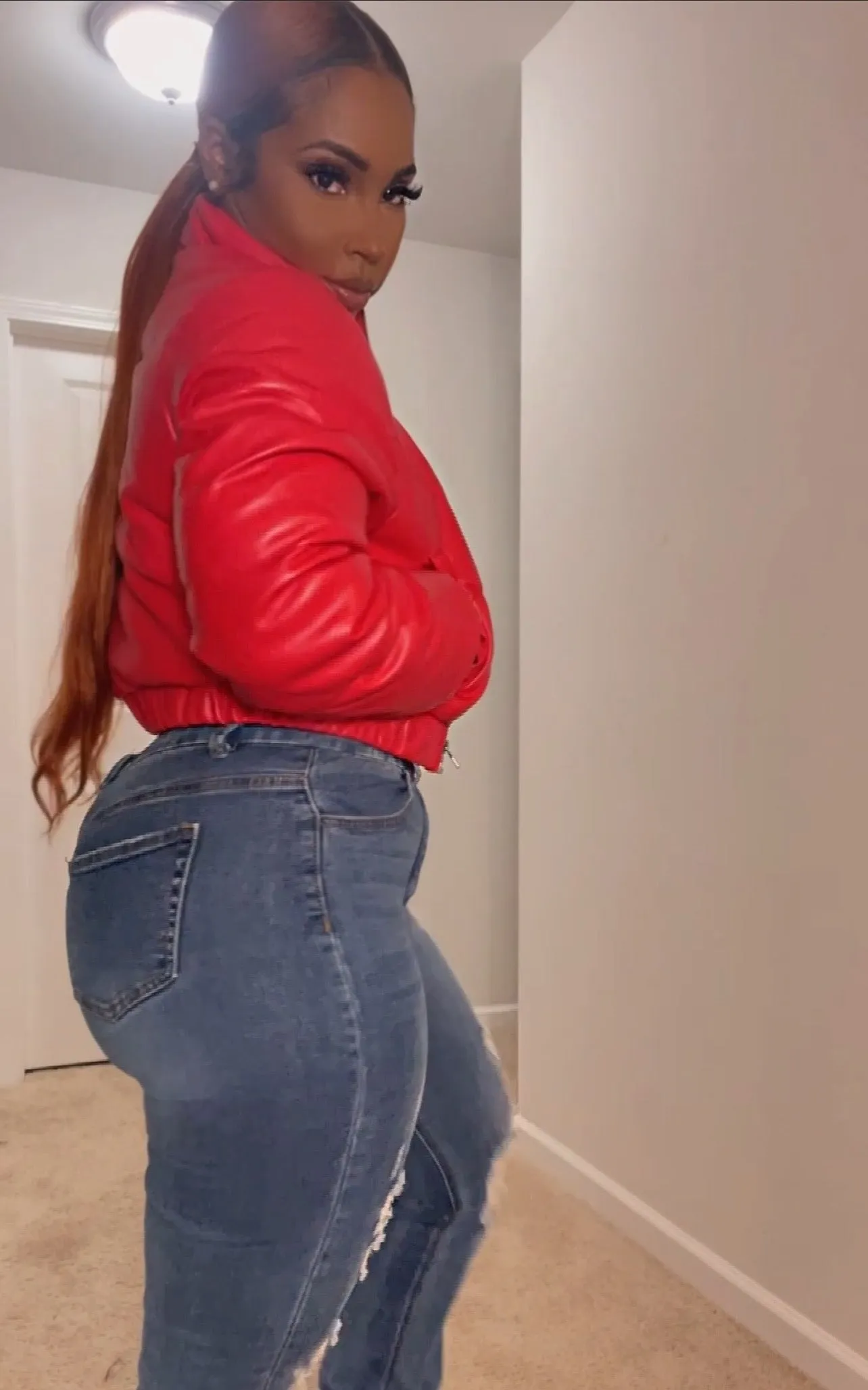Red Faux Leather Puffer Jacket