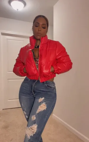 Red Faux Leather Puffer Jacket
