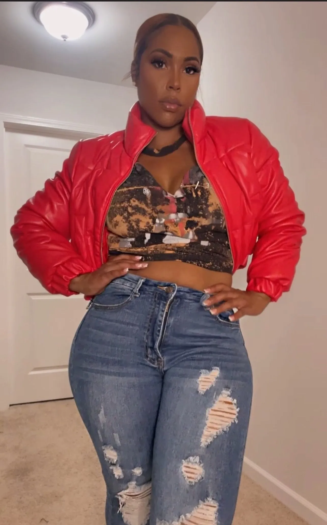 Red Faux Leather Puffer Jacket