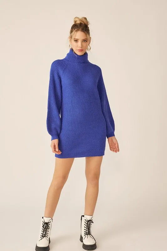 Royal Blue Turtleneck Sweater Mini Dress