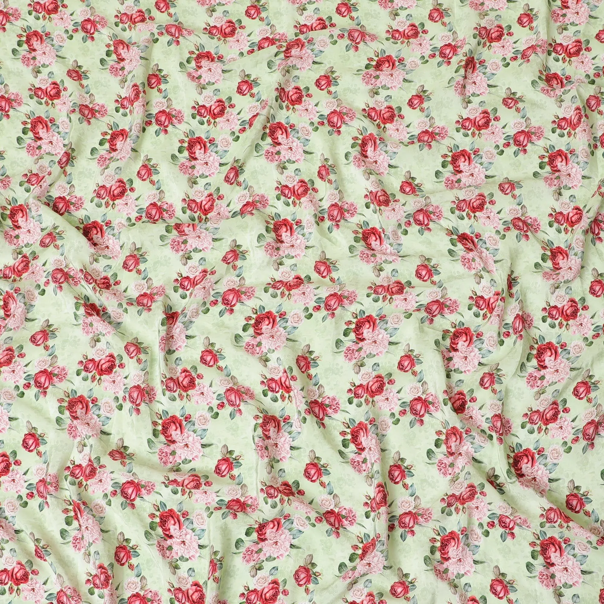Sage green premium pure silk crepe fabric with ruby pink, olive green and powder pink print in floral design-D9405