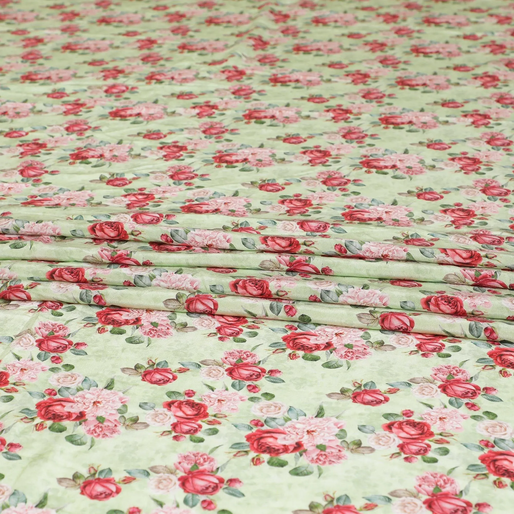 Sage green premium pure silk crepe fabric with ruby pink, olive green and powder pink print in floral design-D9405