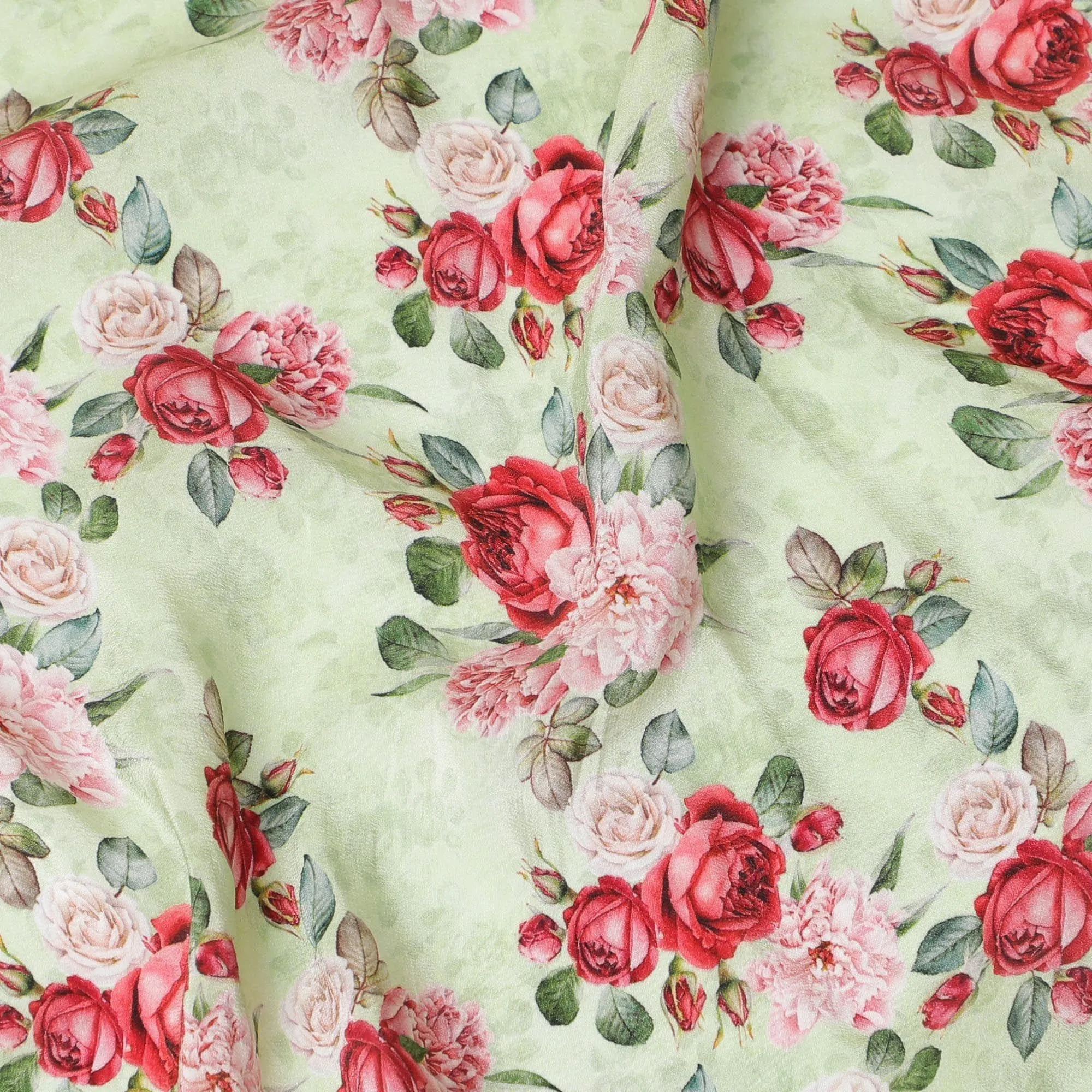 Sage green premium pure silk crepe fabric with ruby pink, olive green and powder pink print in floral design-D9405