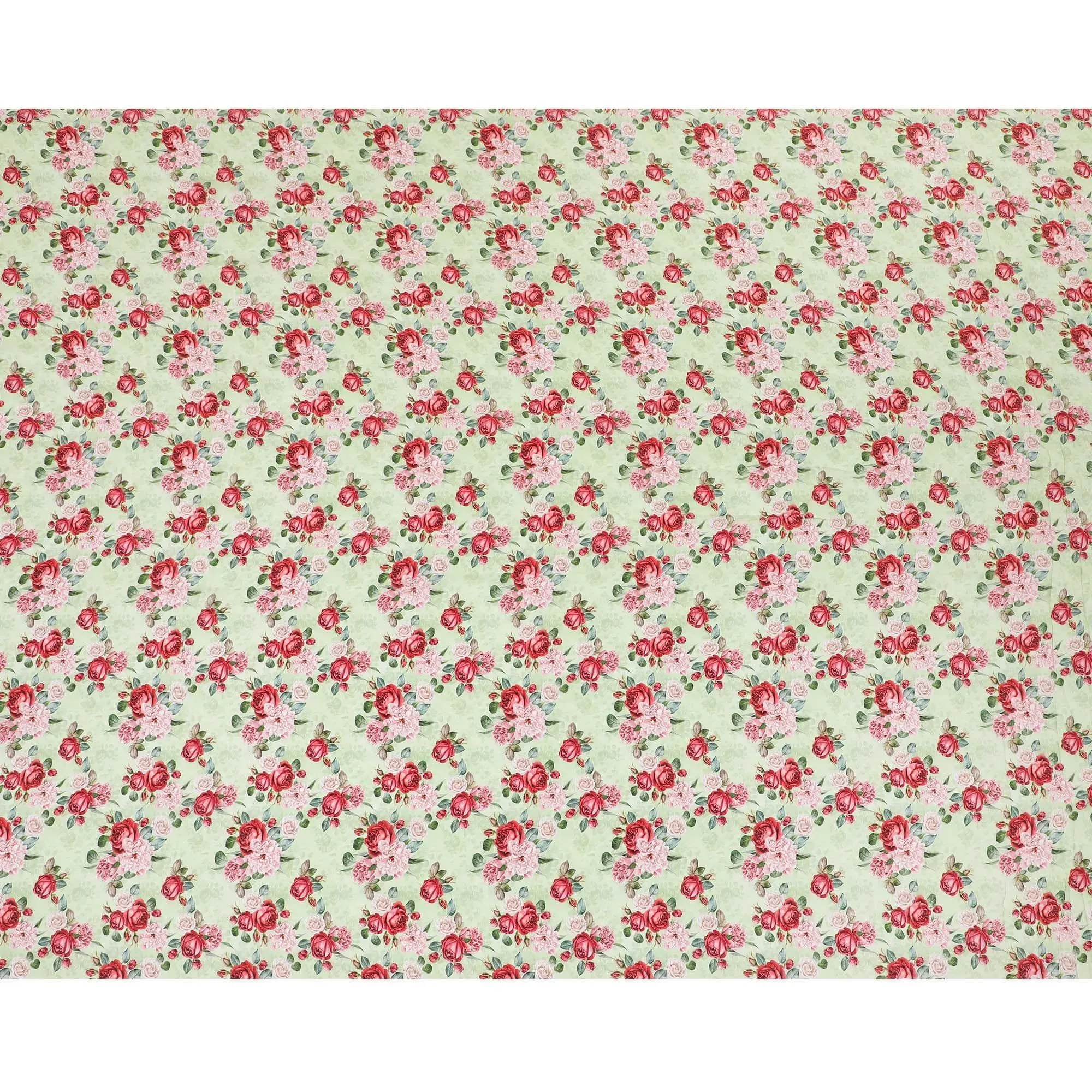 Sage green premium pure silk crepe fabric with ruby pink, olive green and powder pink print in floral design-D9405