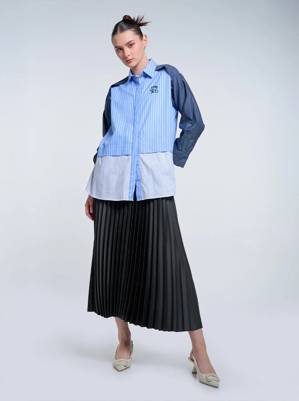 SATIN PLEATED SKIRT PLAIN CHARCOAL