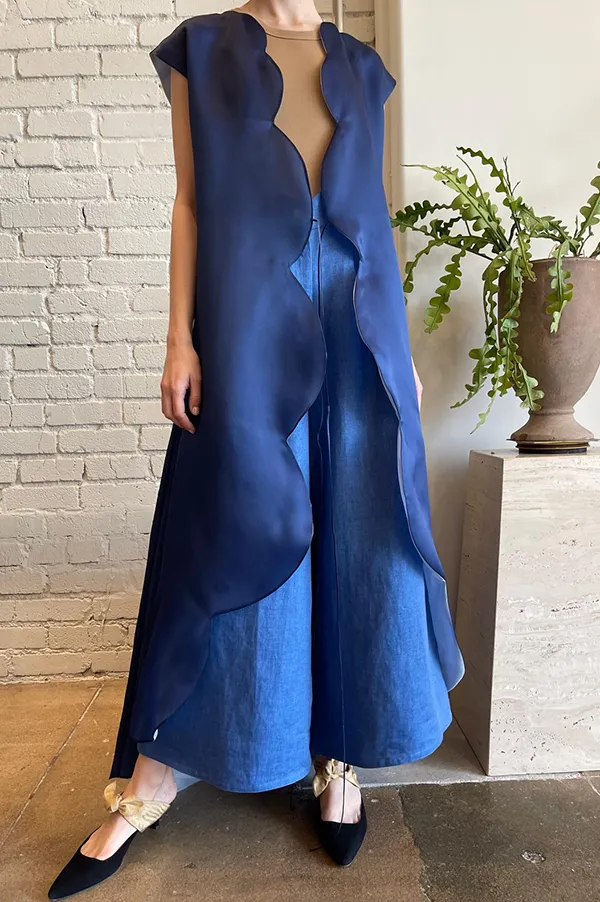 Scalloped Organza Wrap Dress in Navy