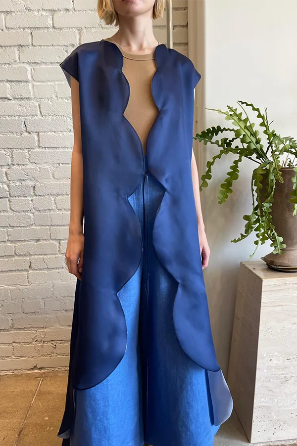Scalloped Organza Wrap Dress in Navy